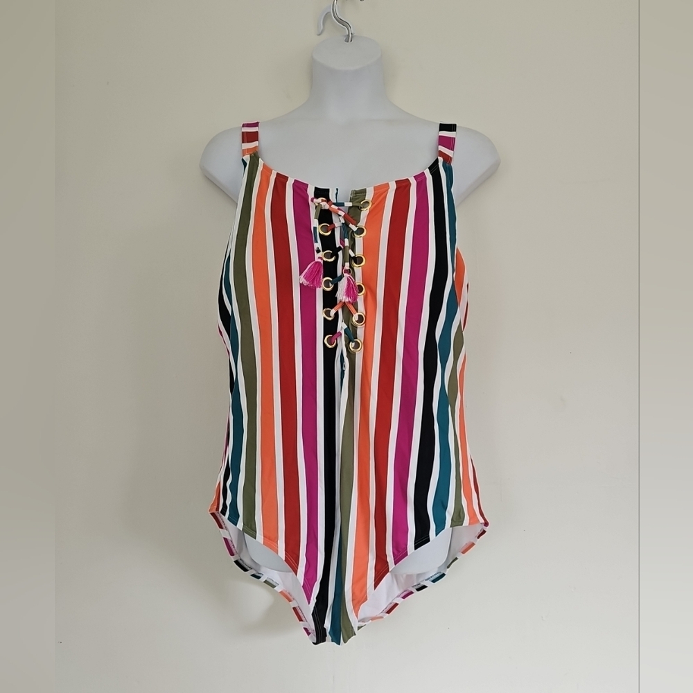 Terra & Sky Multicolor Stripe Reto Swimsuit Lace-Up Detail Plus 5XL Wide Straps